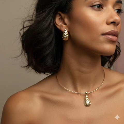 Kit Colar e Brinco Gota Dourada Textura Côncava