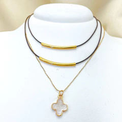 Colar Dois fios de Couro preto e Pingente Dente de Sabre - GRM Bijuterias