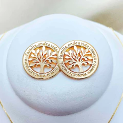 Kit Colar e Brinco Dourado Árvore da Vida - Frase Família - GRM Bijuterias