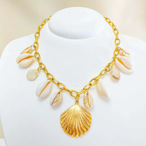Colar Dourado Conchas e Búzios Moda Mar Elos Finos