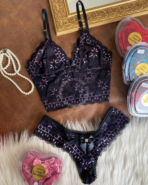 Conjunto Espera Marido Perfumado no pote de coração - Bicolor preto e lilás