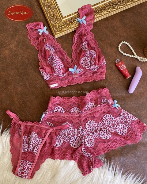 Baby doll rosa queimado em renda - 3 peças