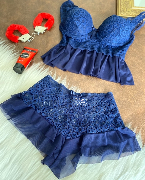 Baby doll em renda e tule com bojo e babados - Azul marinho