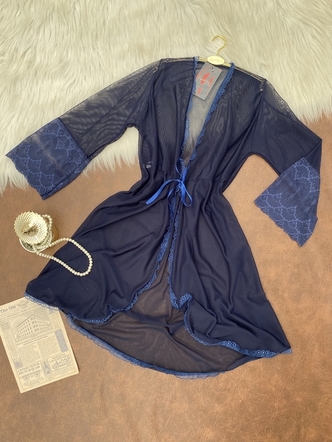 Robe azul marinho em tule e renda