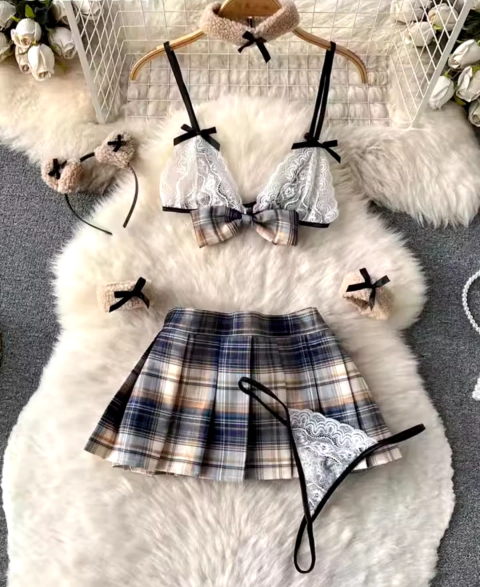 Traje Sexy de Osita con Falda Colegiala – Lencería Coqueta de 6 Piezas - comprar en línea