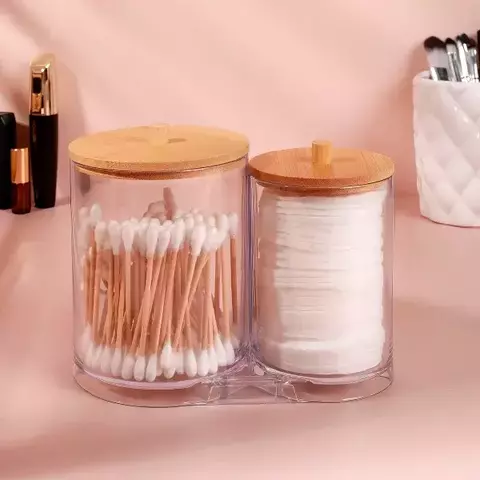 Organizador Duplo Plástico Porta Algodão e Cotonete com Tampa de Bambu