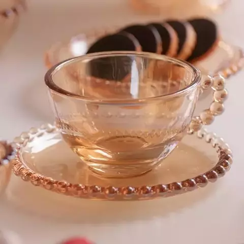 4 Xícaras E 4 Pires para Chá Wolff Pearl de Cristal Âmbar 200ml