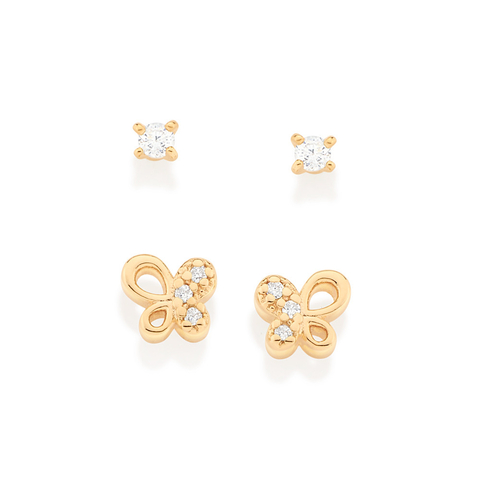 527056 Kit brincos Rommanel folheados a ouro solitário e borboleta com zircônias