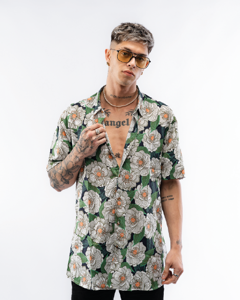 Camisa Hawaiana White Flower Green thumbnail 3