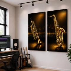 CONJUNTO: 2 QUADROS ACÚSTICOS - SAX I TROMPETE (REDUZ ECO, REVERBERAÇÃO E DECORA O AMBIENTE)