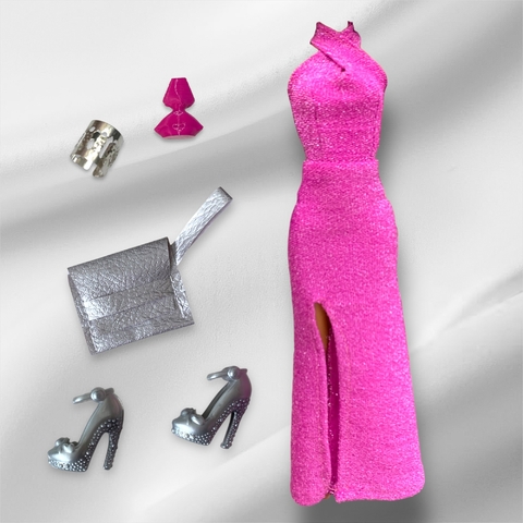Set vestido fiesta fucsia con accesorios
