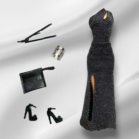 Set vestido fiesta negro con accesorios