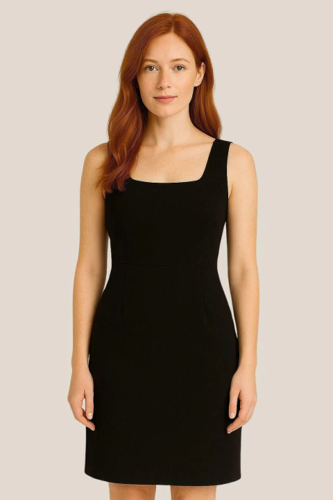 Mulher vestindo um vestido reto preto, com alças largas e modelagem simples, ideal para diversas ocasiões.