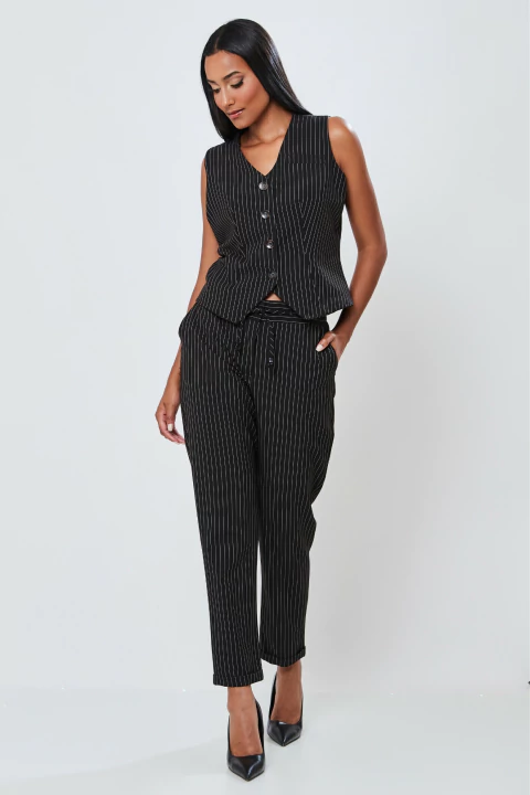 Calça Risca De Giz Amarração Preto