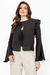 Blusa Overtop com Babados Preta Rubinella, com babados nos ombros e amarração frontal dupla, vista frontal.
