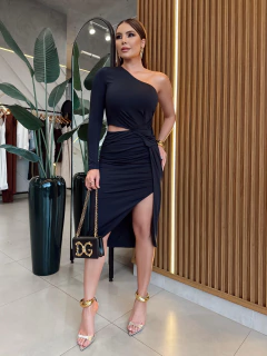 Vestido Midi em Malha com Fenda e Manga Única - loja online