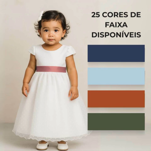 Vestido Branco Longo Tule Pipoquinha Com 25 cores de Faixa e laço 4 A 10 INFANTIL REF4140