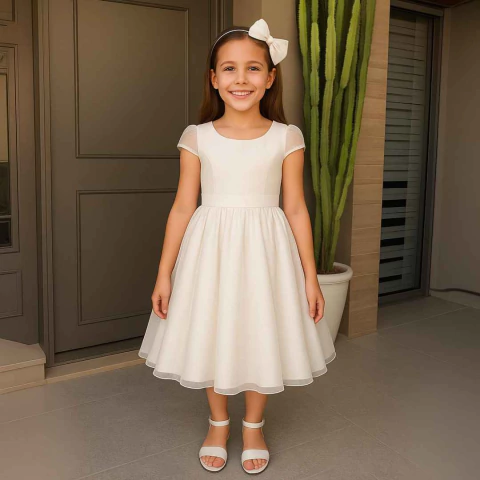 Vestido Off White manga copinho organza laço organza faixa Larga organza c/sobreposição tule REF4008 - comprar online