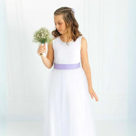 Vestido Longo Juvenil branco Faixa Lilás REF4072 - comprar online