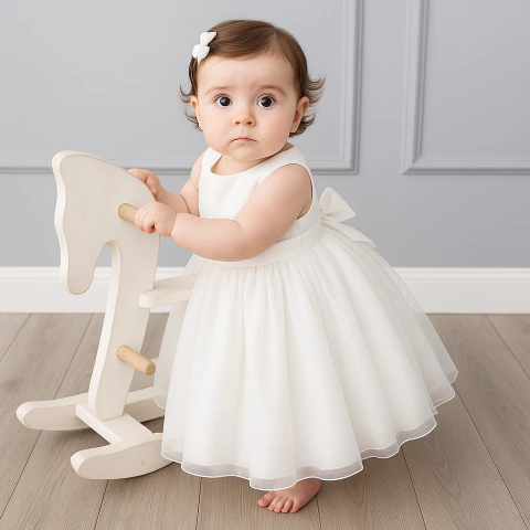 Vestido Branco Renda no Peito Saia com Tule Gliter Faixa Fixa Laço Atrás Daminha de Honra Casamento Ref4006 - comprar online