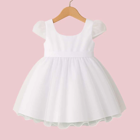 Vestido branco manga copinho organza laço organza faixa Larga organza c/sobreposição Ref4008 - comprar online