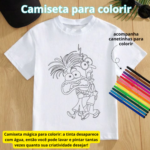 T-SHIRT -ANSIEDADE E MEDO - INFANTIL - PARA COLORIR ACOMPANHA CANETINHAS