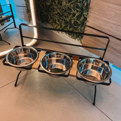 Comedouro Triplo Ajustável Tigela em Inox
