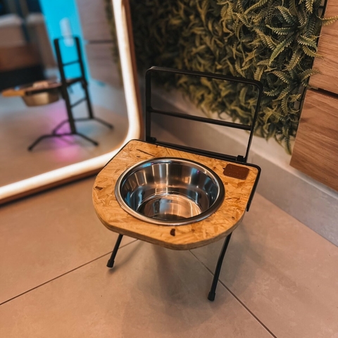 Comedouro Individual Ajustável Madeira - Tigela em Inox