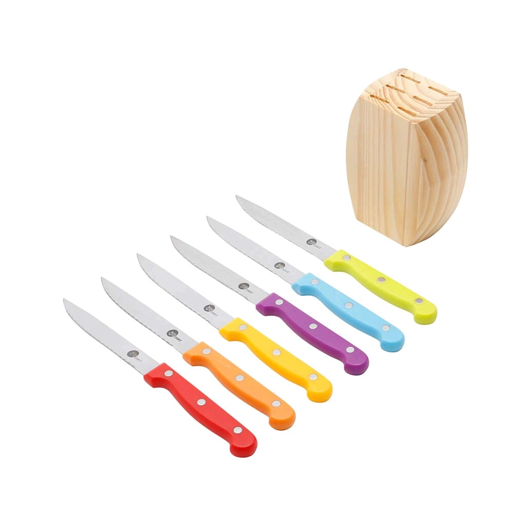 Cj. 6 Facas P/churrasco Com Cepo Madeira Bon Gourmet