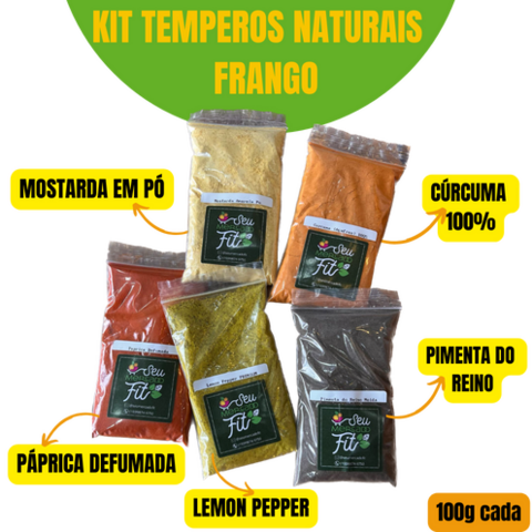 KIT TEMPEROS NATURAIS PARA FRANGO - 100g CADA: CÚRCUMA, PIMENTA DO REINO, PÁPRICA DEFUMADA, LEMON PEPPER, MOSTARDA EM PÓ - TOTAL 500g