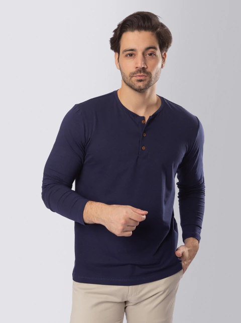 Henley Azul Manga Longa - Algodão Egípcio
