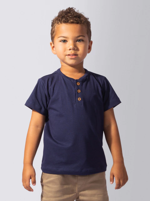 Henley Azul Infantil - Algodão Egípcio