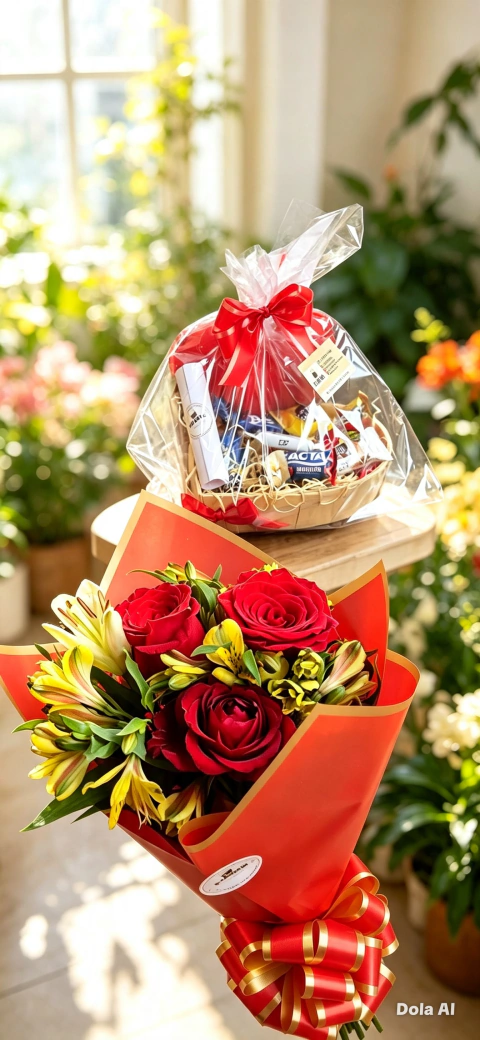 Kit buquê de rosas, bandeja coração, pelúcia e bombons