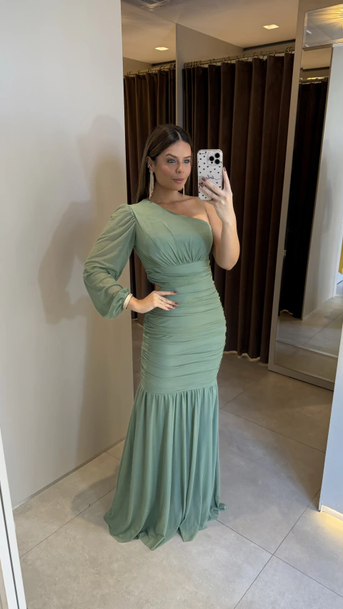 Vestido Longo Tule Damaica - verde oliva claro - comprar online