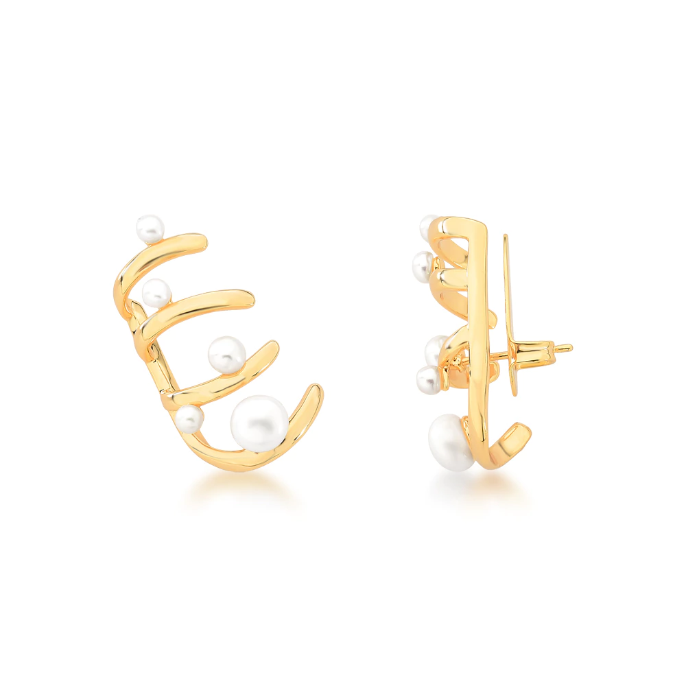 Brinco Ear Cuff Wav Pearl - Dourado com Pérola Branca