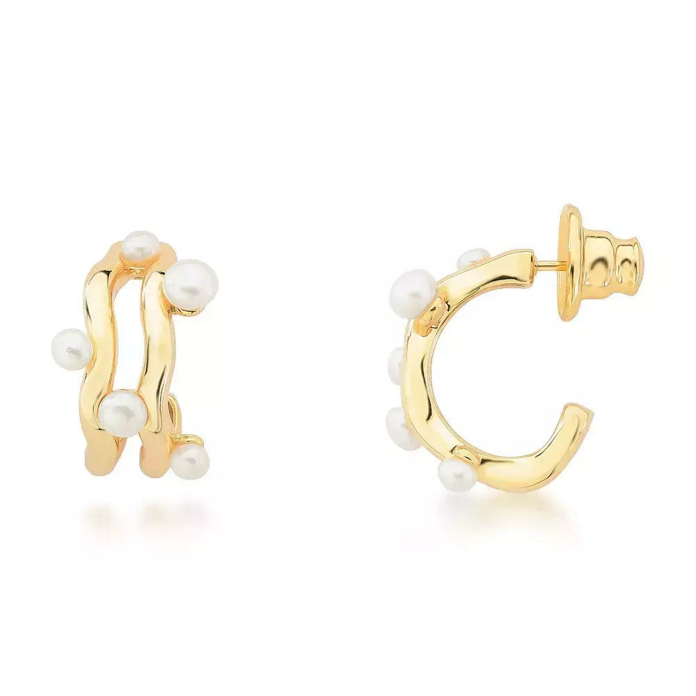 Brinco Argola Wavy Pearl - Dourado Perola Branca
