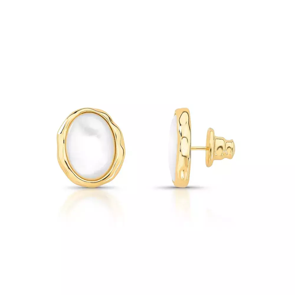 Brinco Oval Dourado Com Madreperola e Detalhe Com Textura Organica Glam Madre - Dourado Madreperola