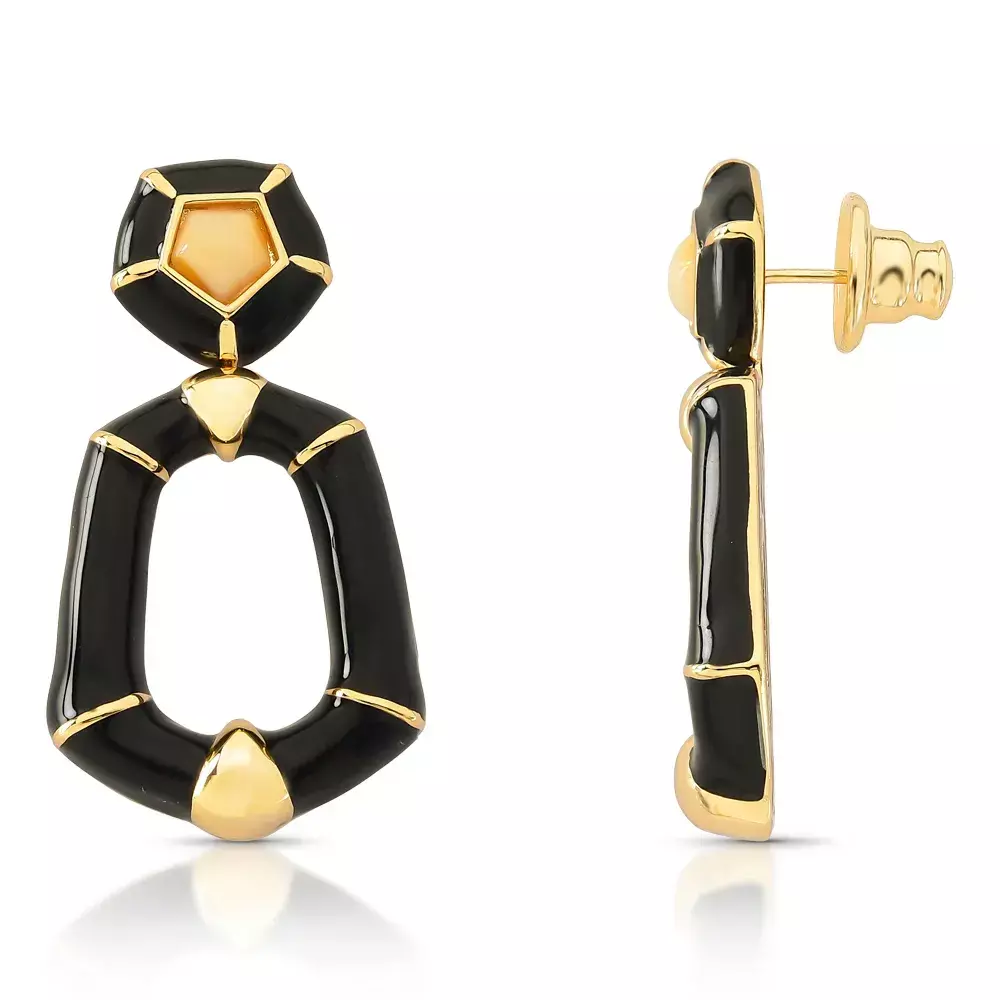 Brinco Dourado Com Esmalte Preto Marble Touch