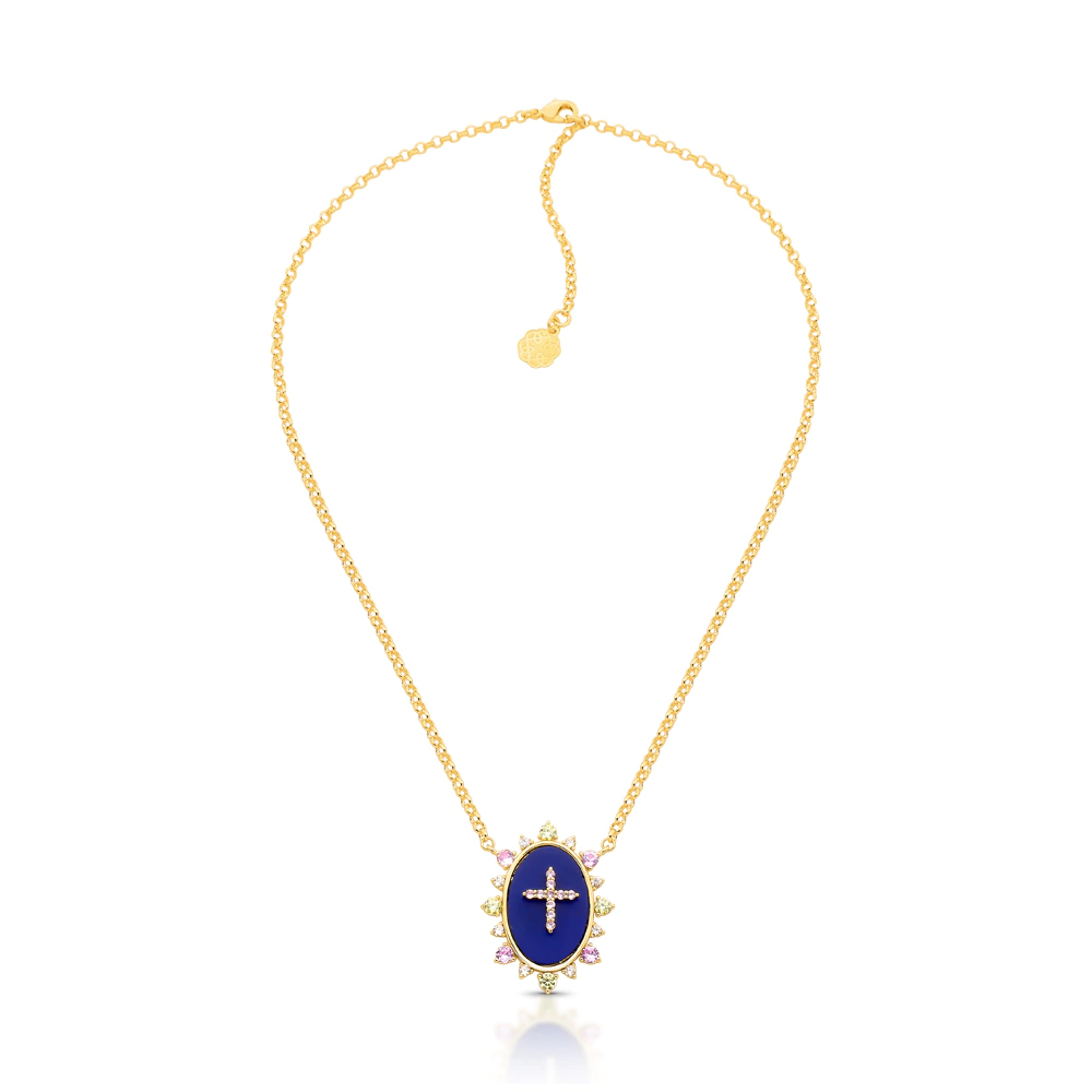 Colar curto com cerâmica lazuli e crucifixo cravejado de zircônias em banho polido Gold
