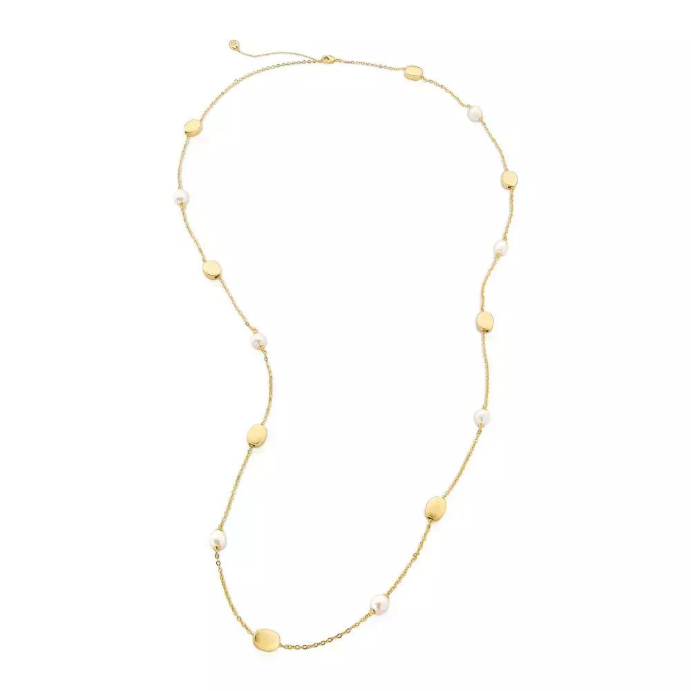 Colar Longo Dourado Com Perolas Naturais e Pingentes - Diva Chain - Dourado Fosco Perola Branca