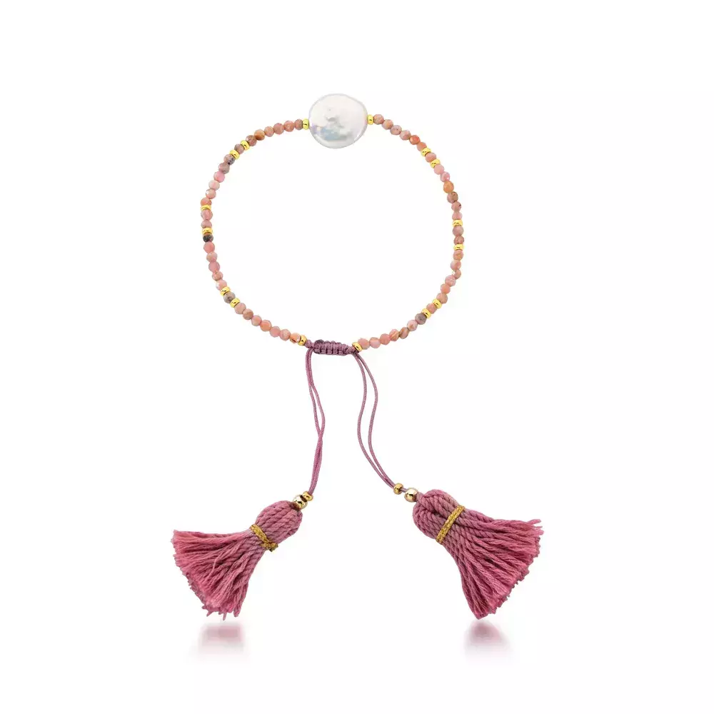 Pulseira Boho Rose rodocrosita e pérola natural de água doce com cachos de linhas trançadas