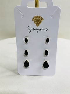 Trio de brincos gota preta, em 3 tamanhos, banhado no ouro 18k