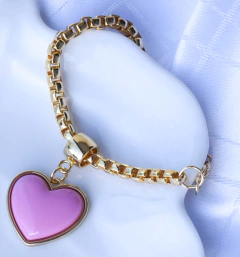 Pulseira na veneziana com pingente de coração rosa, pingente grande em torno de 2,5cm