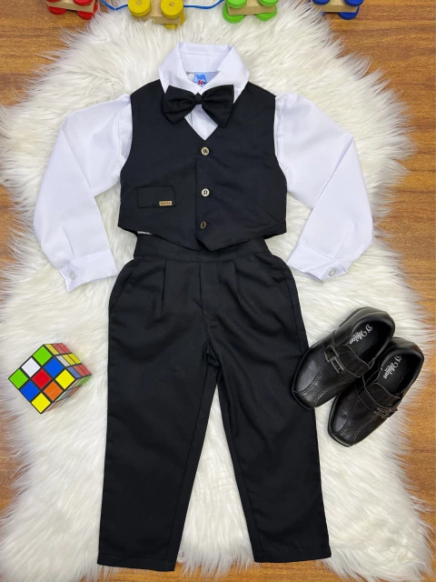 Conjunto Social Pajem Camisa Branca Calça Gravata e Colete Preto