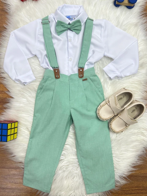 Conjunto Social Camisa Branca Com Calça Gravata e Susp. Verde