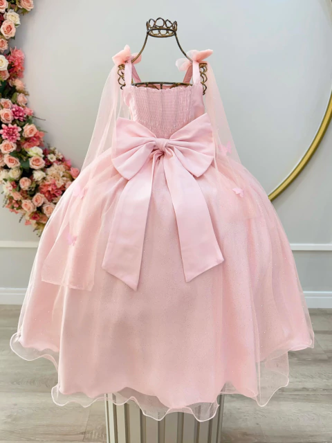 Vestido Infantil Longo Pêssego C/ Aplique Borboletas Festas