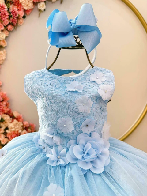 Vestido Infantil Azul C/ Renda e Aplique de Flores Damas Sku: 4119AP Categoria: VILA LELÊ 4 ao 16VESTIDOS 4 ao 16 Marca: