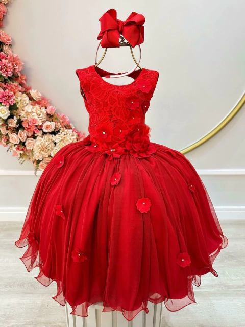 Vestido Infantil Vermelho C Renda e Aplique de Flores Damas Marca: Vila Lelê