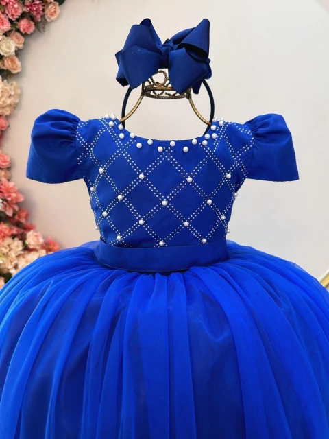 Vestido Infantil Longo Azul Royal C/ Strass e Pérolas Damas
