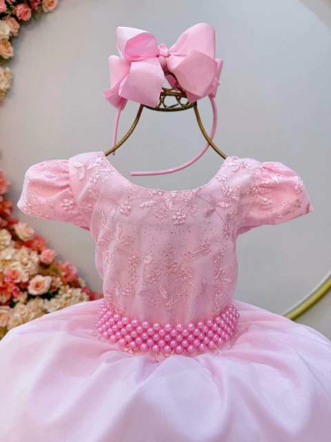 Vestido Infantil Rosa Bebê Busto C/ Renda e Cinto de Pérolas Sku: 0600RA Categoria: PIU BELLA 4 ao 16VESTIDOS 4 ao 16 Ma